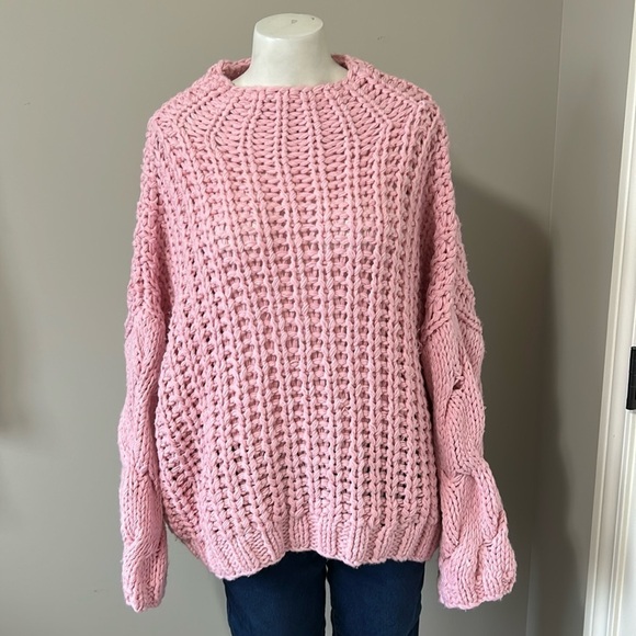POL Chunky Knit Sweater Balloon Sleeves Heavyweight Open Knit Pink Sz S - Picture 3 of 13